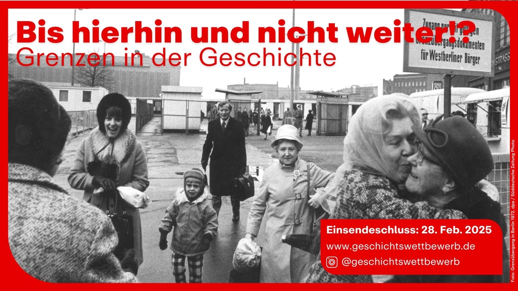 Titelbild des Geschichtswettbewerbs des Bundespräsidenten 2025: Menschen am Grenzübergang zwischen Ost- und Westberlin zu DDR Zeiten