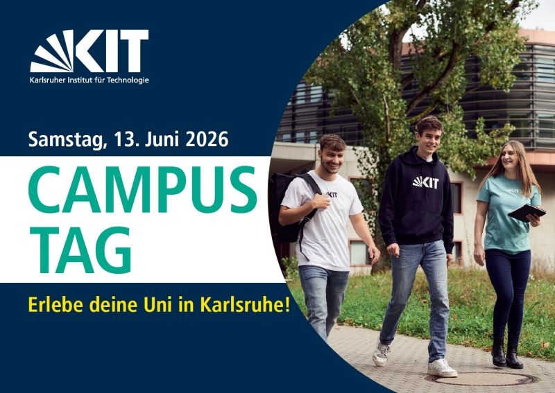 Promotional poster for KIT Campus Day on June 13, 2026, featuring three smiling students.